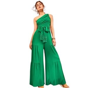 VCAY Green One-Shoulder Wide-Leg Belted Jumpsuit - Size Large (8/10) - NWOT